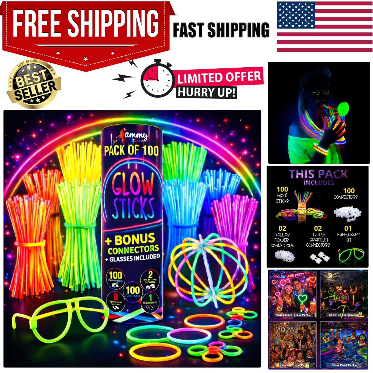 Vibrant 100 Pack Glow Sticks with Necklaces & Eyeglasses for Any Celebration