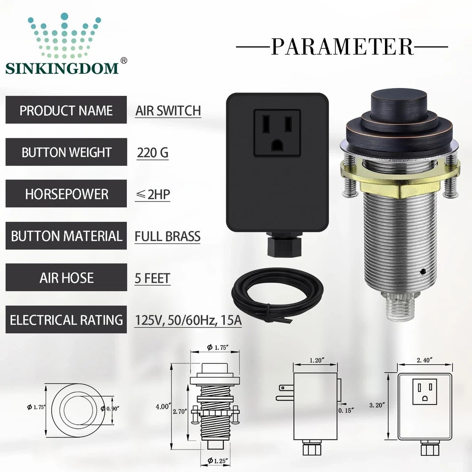SinkTop Air Switch Kit (Long Full Brass Button) for Garbage Disposal, Cordles...