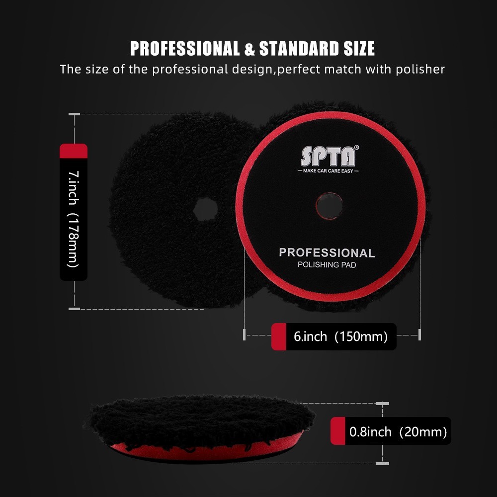 SPTA 1Pc 3/5/6 inch Black Microfiber Hook Loop Polishing Pad for Car Buffer Wax