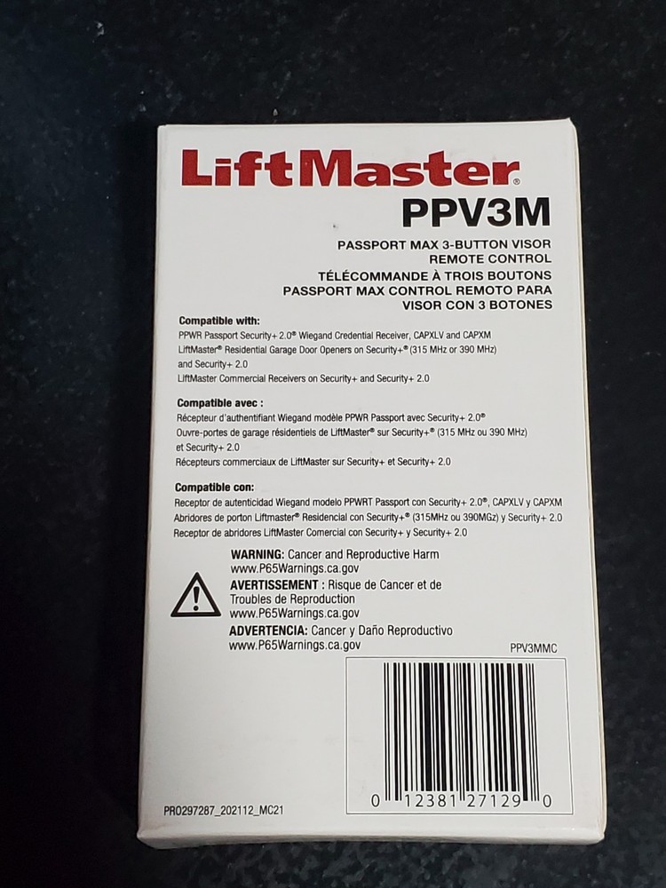 Liftmaster PPV3M, Passport MAX 3-Button Visor Remote Control Transmitters