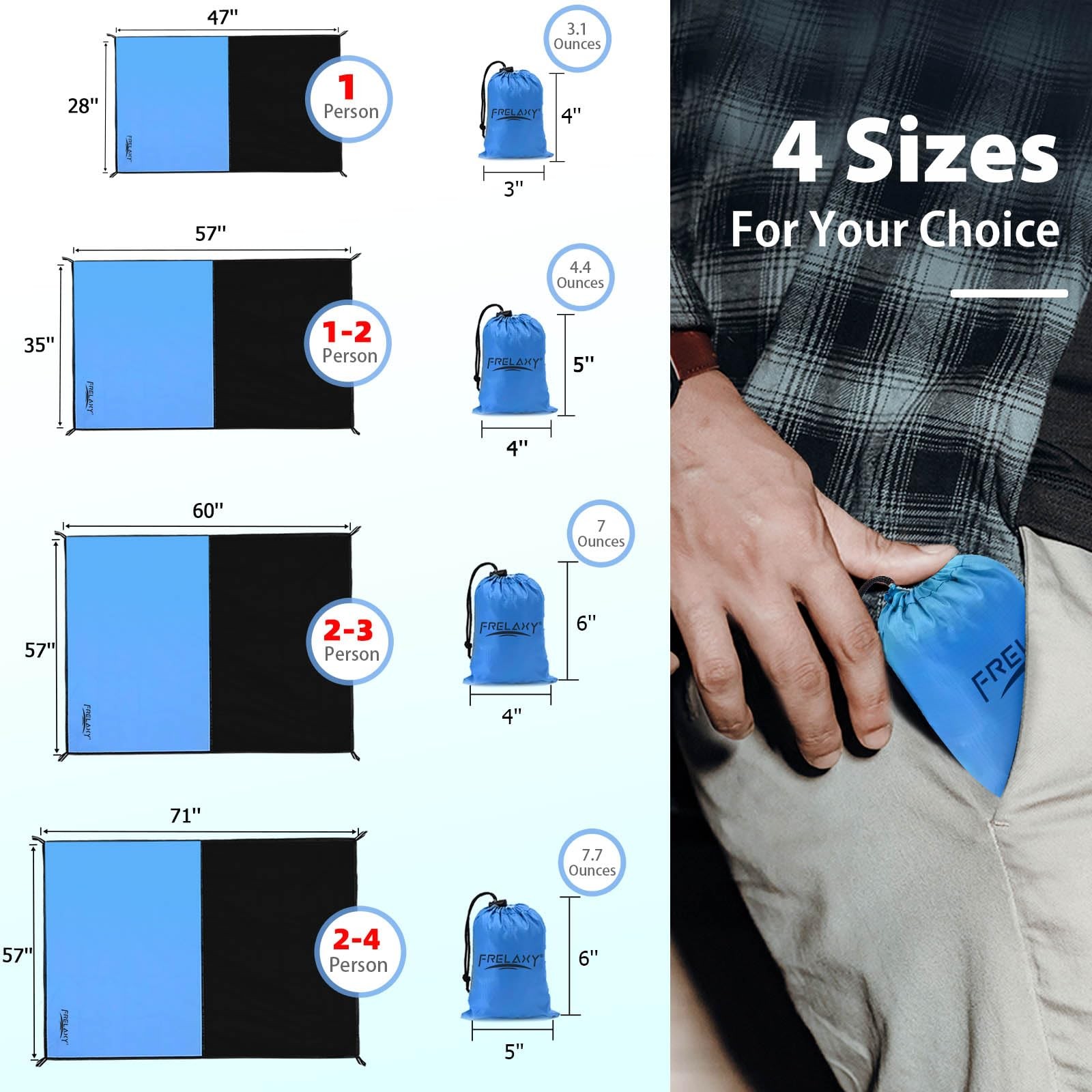 Frelaxy Pocket Picnic Blanket, Waterproof Sandproof Beach Mat, Compact Camping T