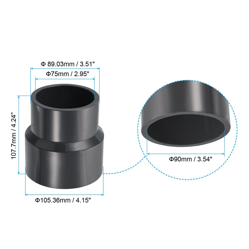 PVC Reducer Pipe Fitting 3.5x3" Socket Coupling Adapter Connector, Grey