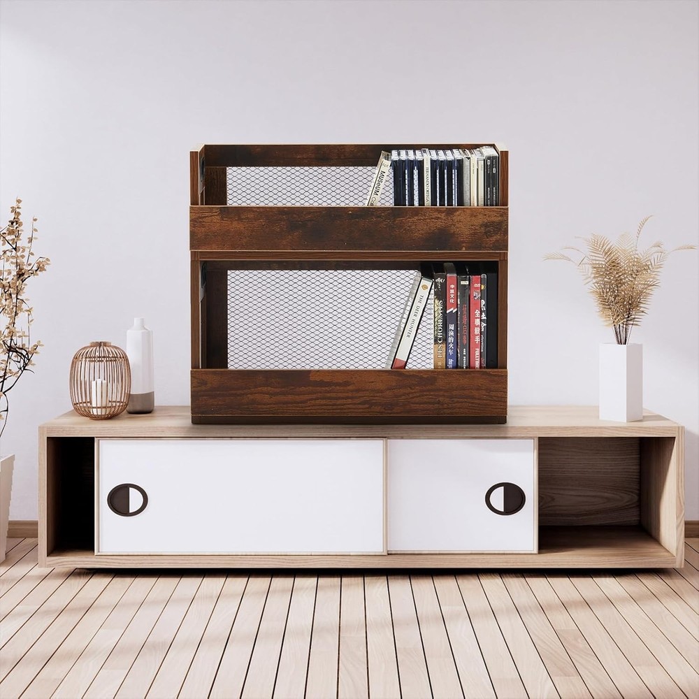 2 Set Metal & Wooden Stackable Tabletop Storage Shelf DVD & CD Storage Box
