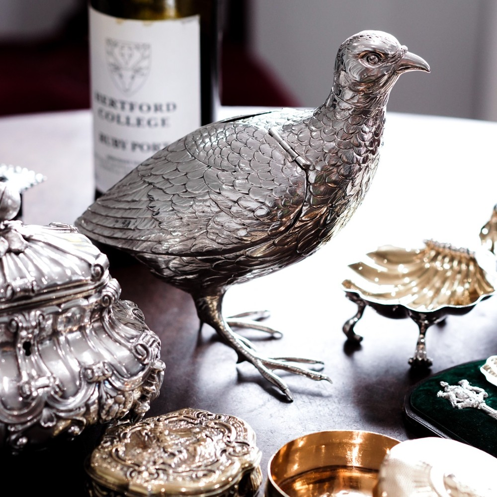 Antique Solid Silver Large Partridge/Grouse Bird Model Box - Edwardian 1910