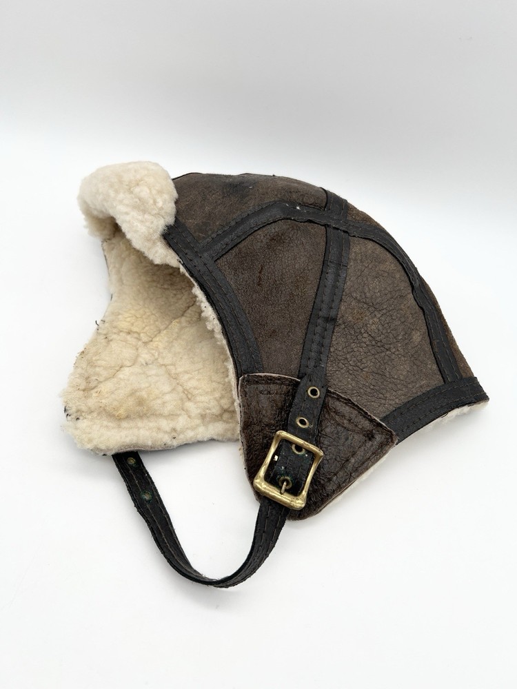 Vintage Shearling Leather Aviator Hat Flight Cap Brown Large Bomber