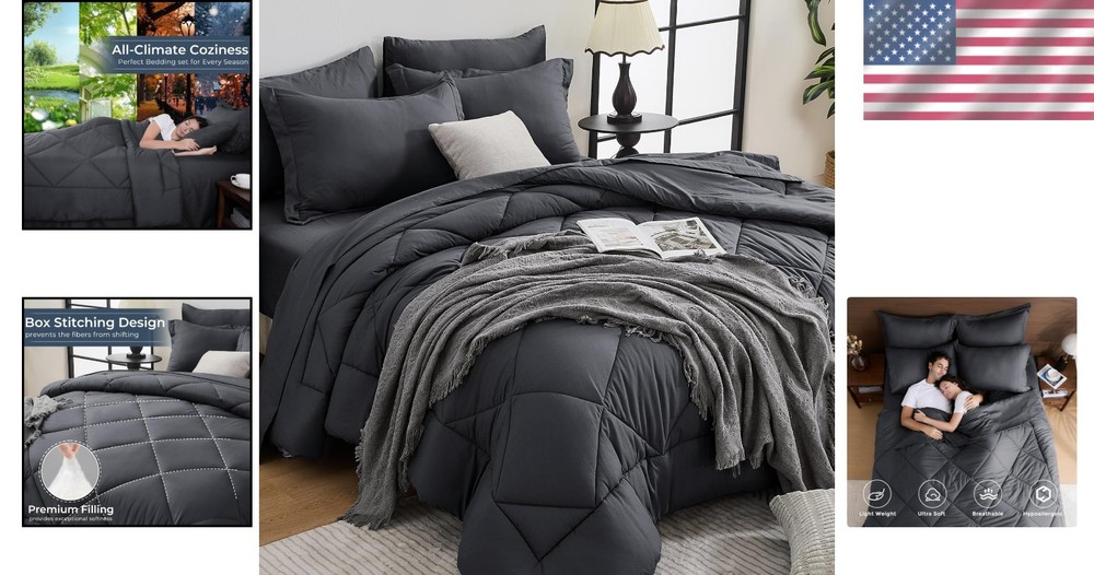 Luxurious 7-Piece Reversible Queen Bedding Set - Grey Comforter Included