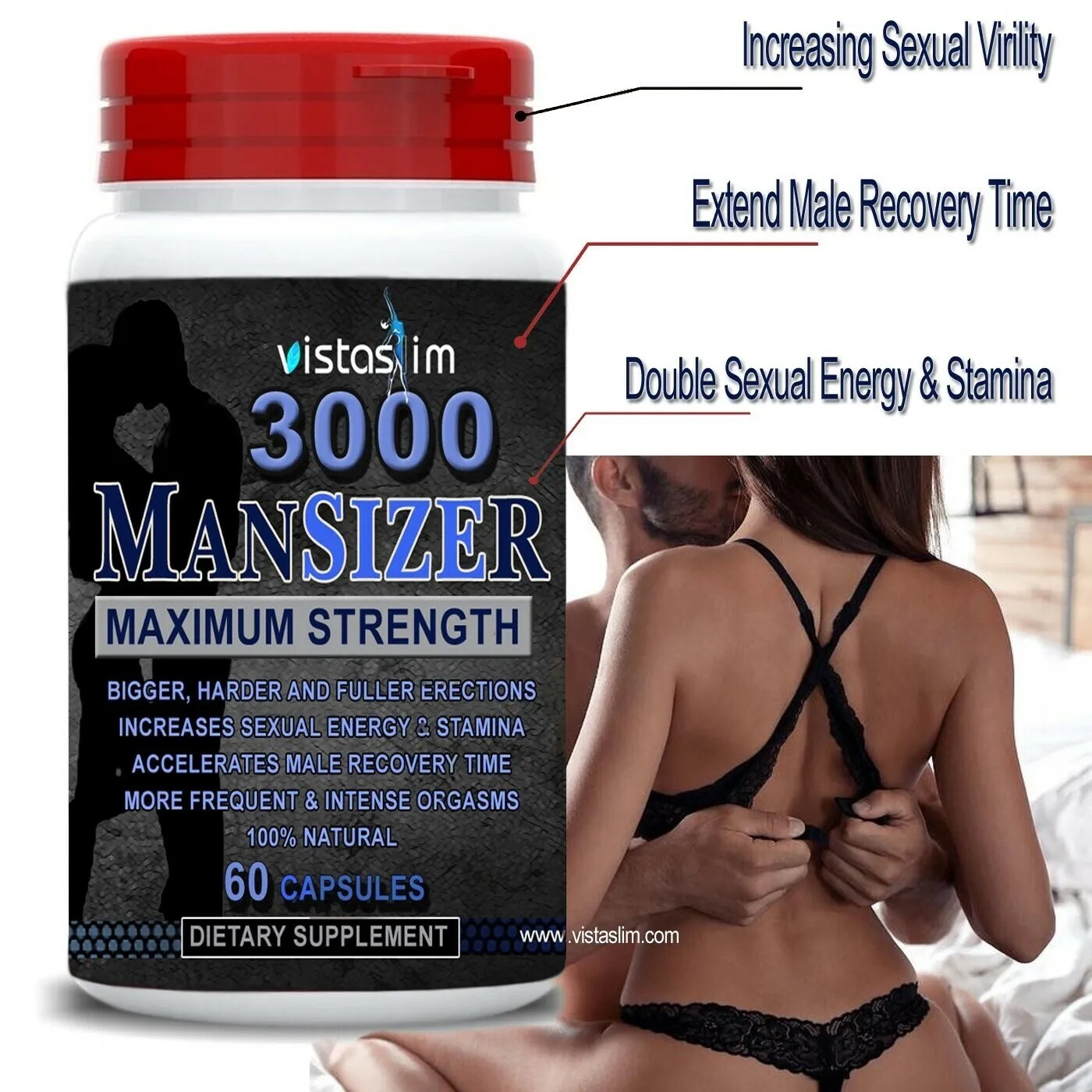 VistaSlim MANSIZER 3000 Male Supplements Longer Size Sexual Stamina 60 Pills