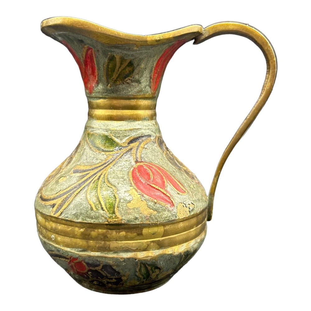 Vintage Solid Brass Enamel Cloisonne Champlevé Indian Jug Vase Pitcher 4"