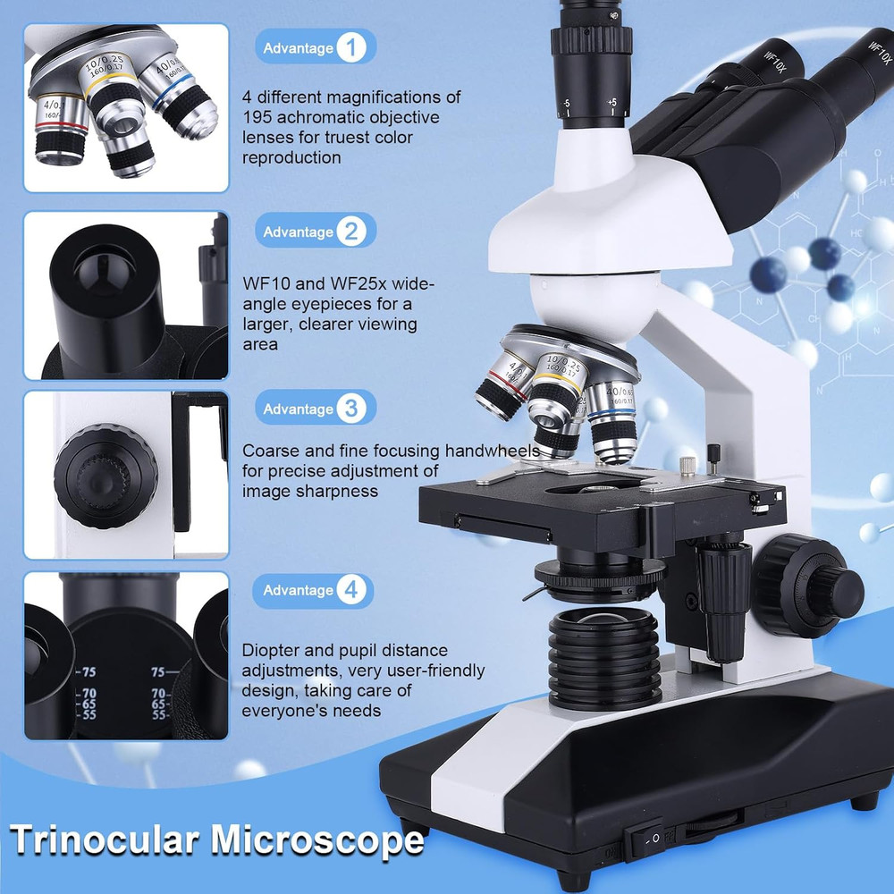 Compound Trinocular Microscope 40X-5000X Magnification, Research Grade Professio