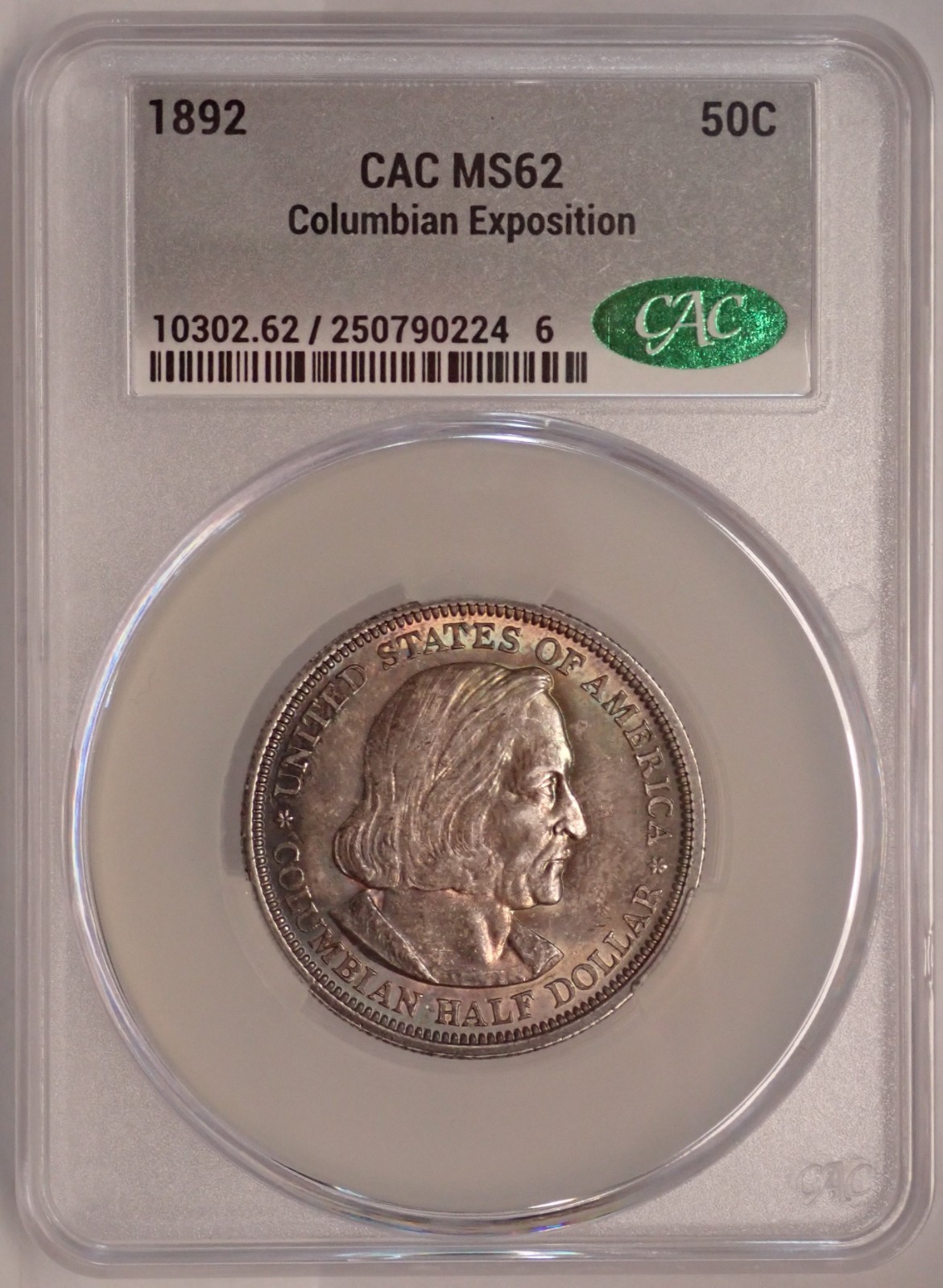 1892 Columbian Expo 50c CAC MS62 Deep Toning w/obv Iridescent Edge Toning