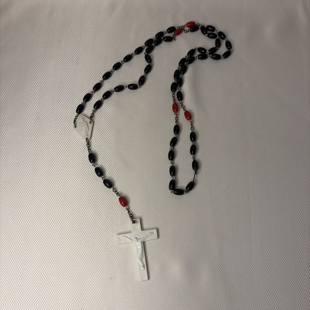 Vintage Rosary Red Black Beads Plastic Cross Metal Link Chain