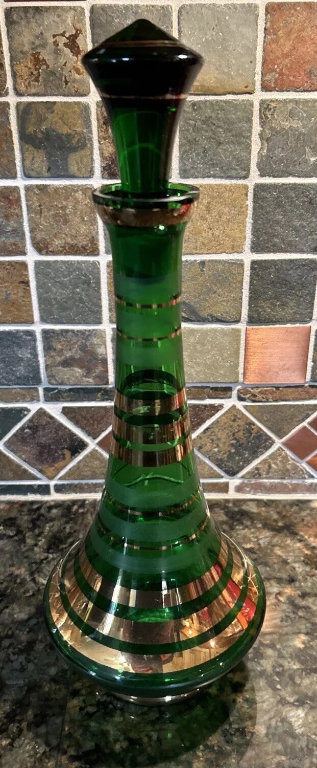Borske Sklo Gold Banded Green Glass Decanter Mid Century Genie Jeannie Bottle