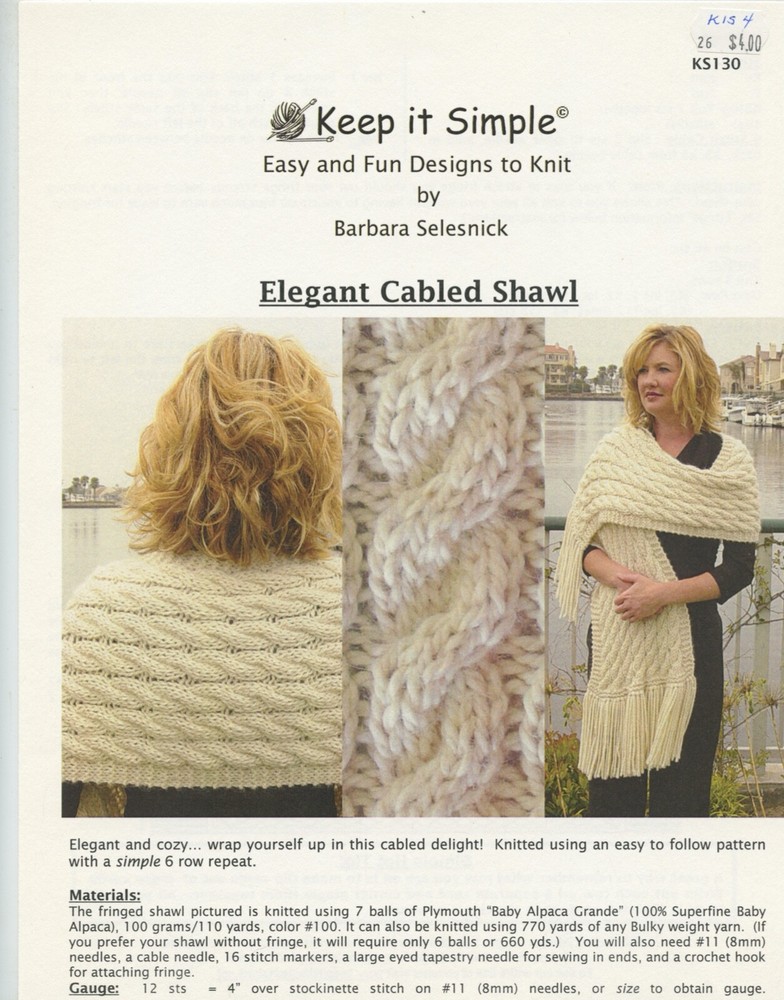 Keep It Simple Knitting Pattern KS130 Elegant Cabled Shawl