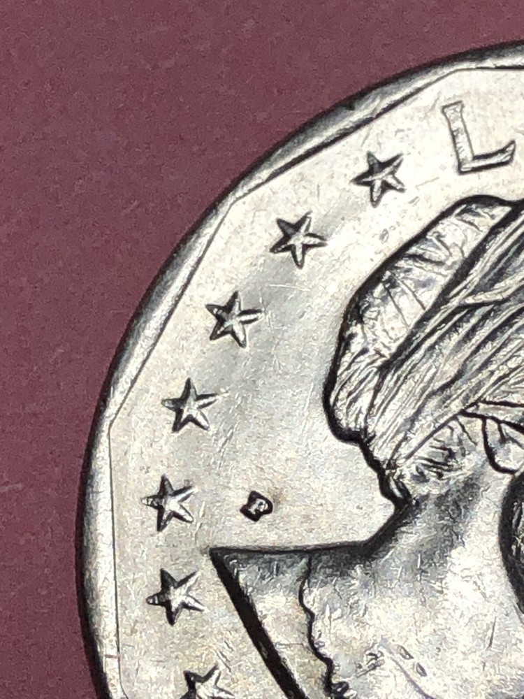 1979 P Susan B Anthony Dollar, Strike Error, Mint Mark Heavy “P”, Edge Error