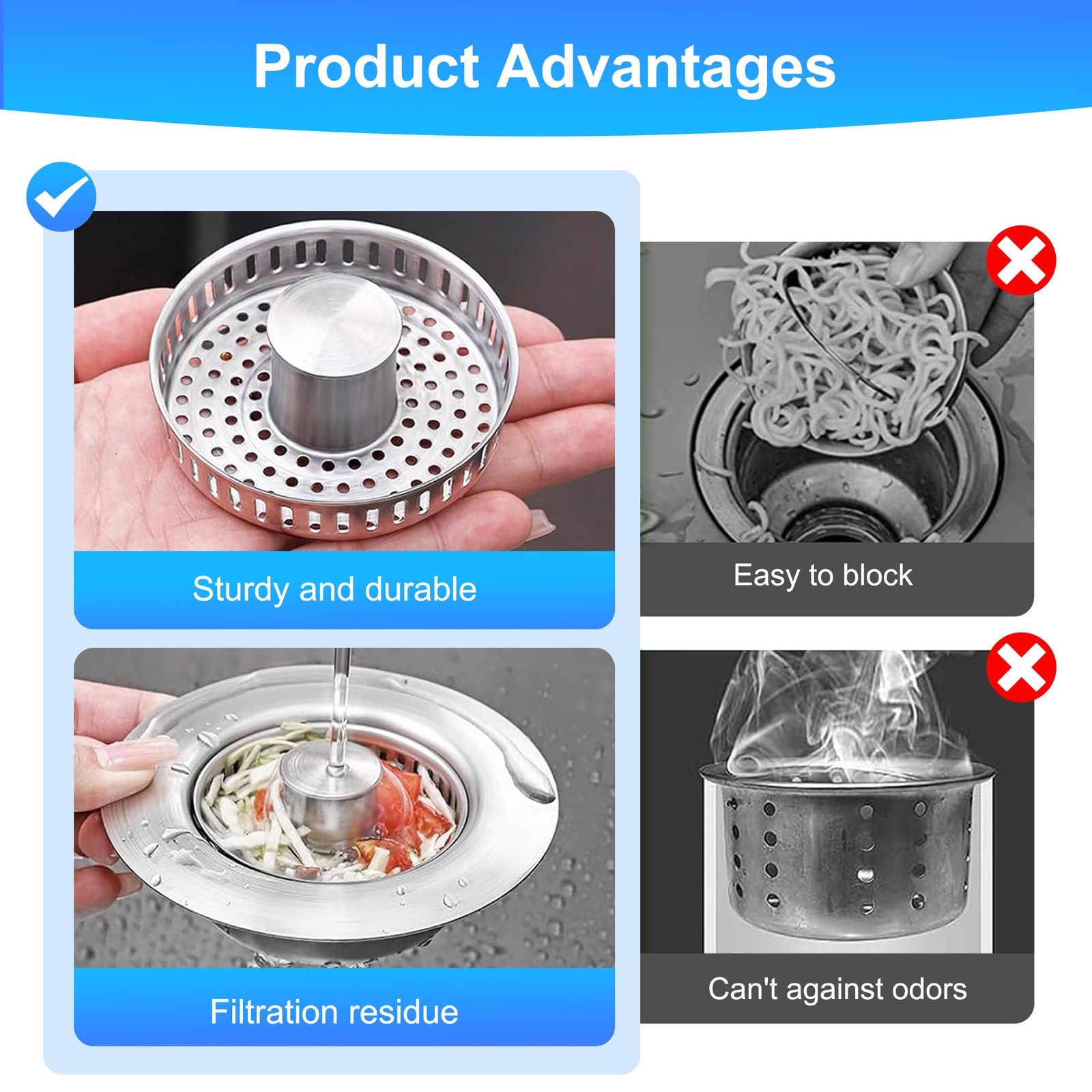 2PCS 5-in-1 Kitchen Sink Drain Strainer Stopper Pop Up Basket Anti-Clog Filter