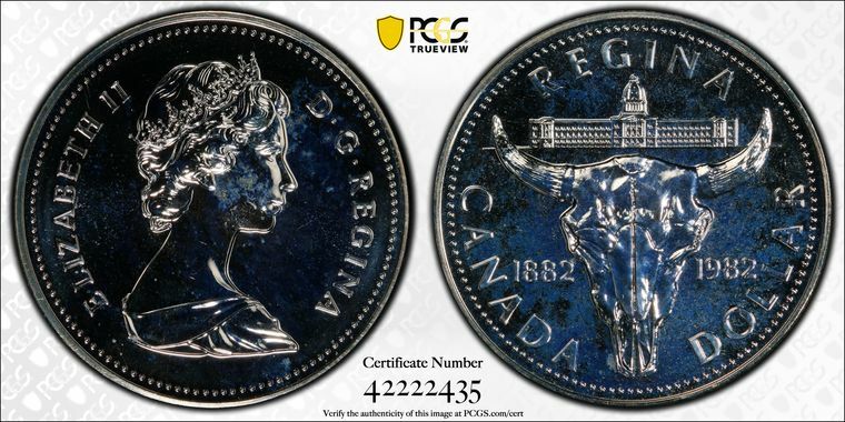 1982 Canada Regina Centennial Cattle Skull Silver Dollar PCGS SP66