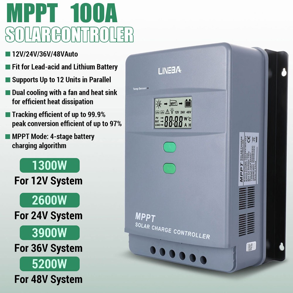 100A MPPT Solar Panel Regulator Charge Controller 12V/24V/36V/48V MAX 5200W LCD