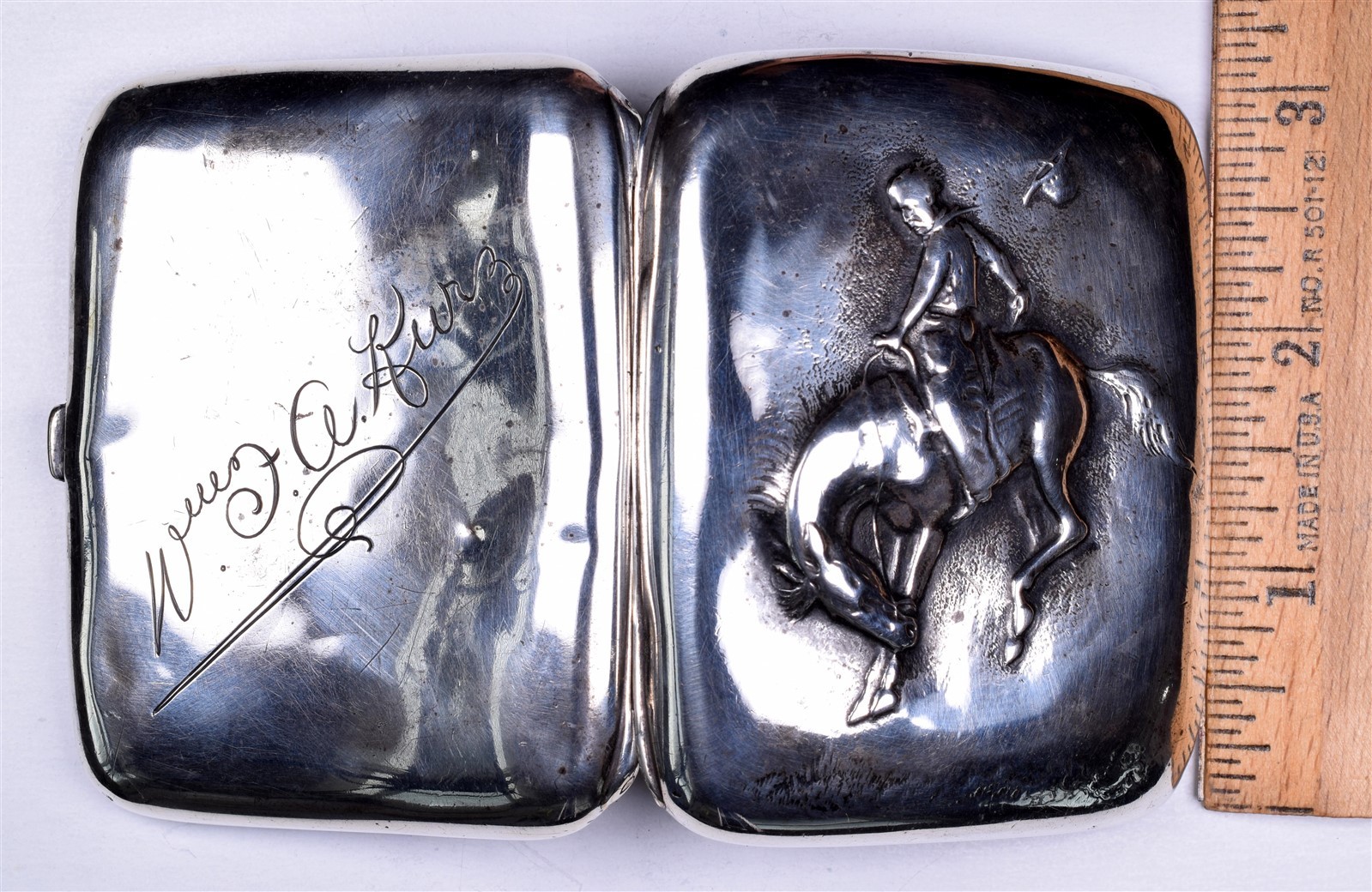 Antique Sterling Cowboy Cigarette Case Vesta Bucking Bronco 71.8 Grams