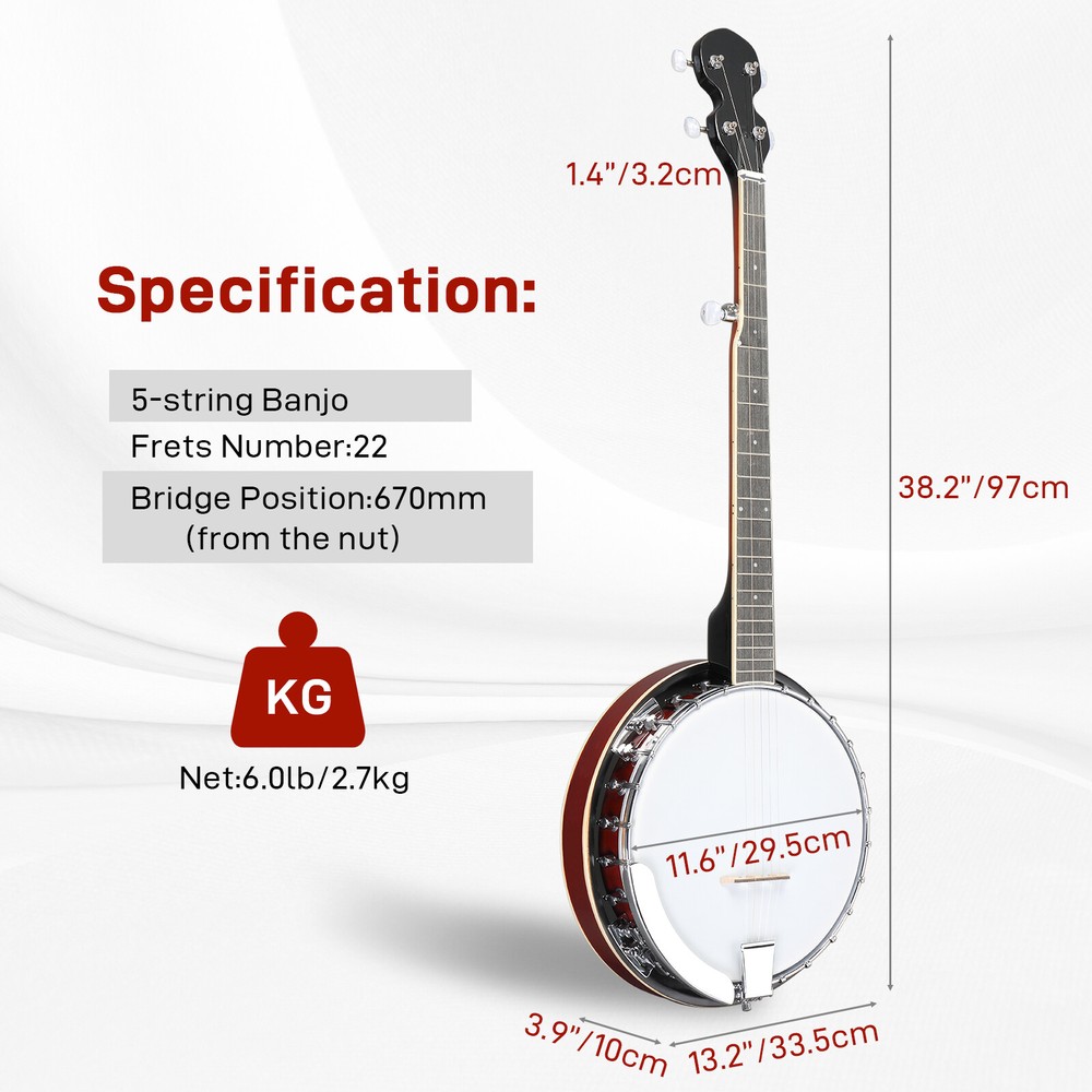 Full Size 5String Right Handed Banjos Set with Closed Solid Sapele Back Standard
