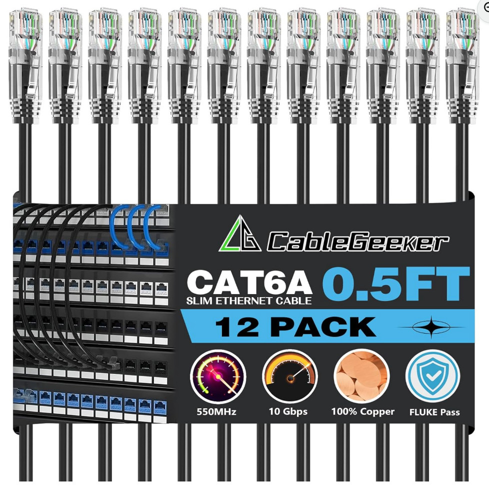 CableGeeker Patch Cable 24ct Cat6a .5ft slim ethernet patch cables black
