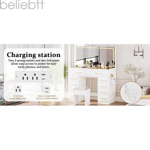 46"Glass Top Vanity Desk 10 Drawers Makeup Vanity Power Outlet, Silent Slides