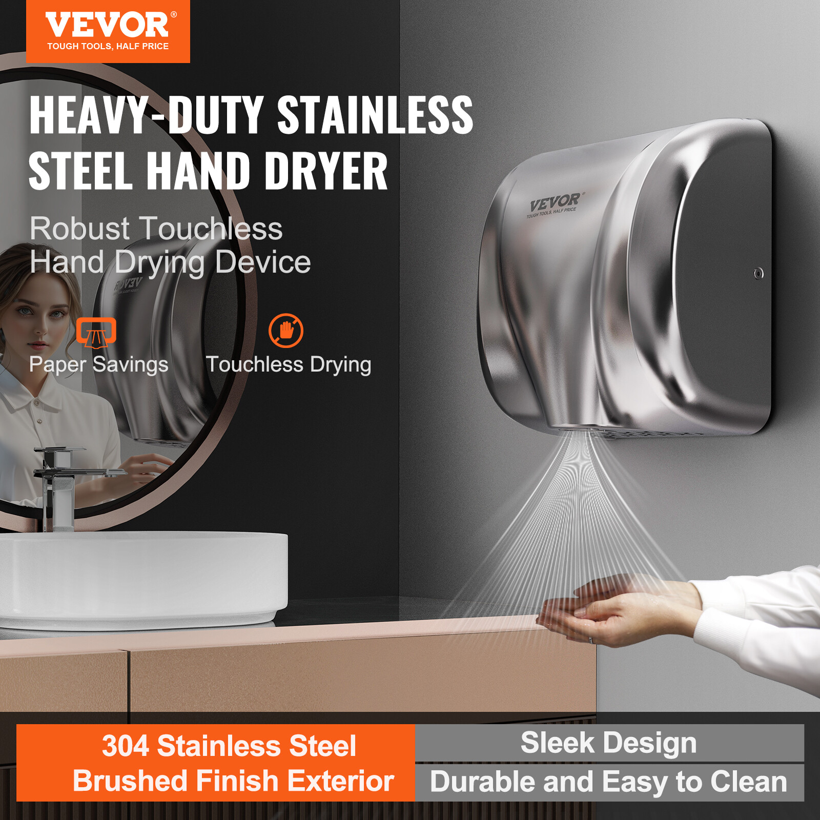 VEVOR 1300W Hand Dryer Commercial Household Automatic High Speed Stainless Steel