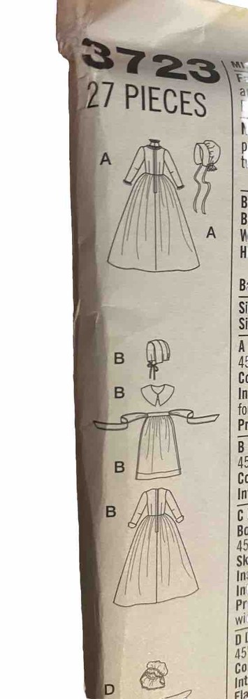 SIMPLICITY PATTERN COSTUMES PILGRIM Prairie 6-12 UNCUT 3723