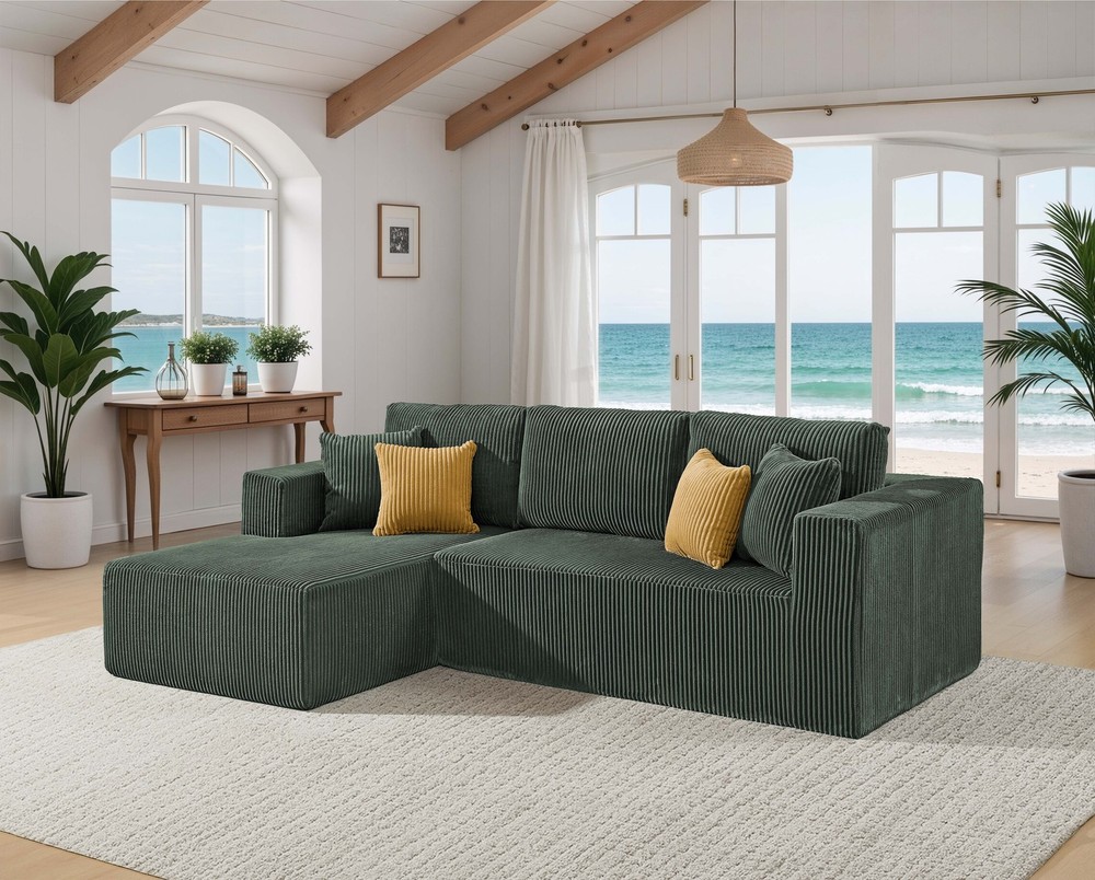 Full Compressed Corduroy Upholstered Sectional - No Assembly Needed|Dark Green