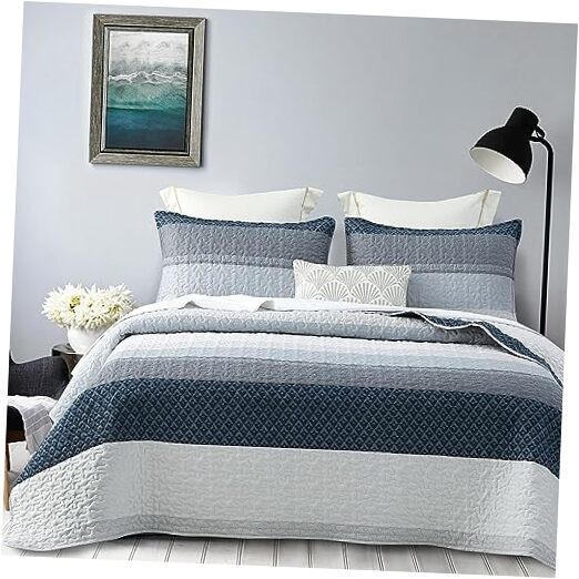 Quilt Set Queen Size 3Pcs,Soft Microfiber Queen(90" x 96") Blue Patchwork