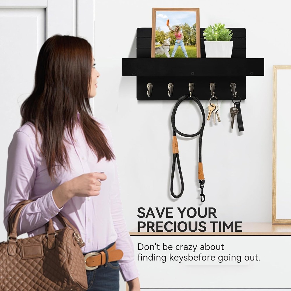 Key Holder Wall Mount, Rustic Hooks for with Shelf 10.6 IN, Black