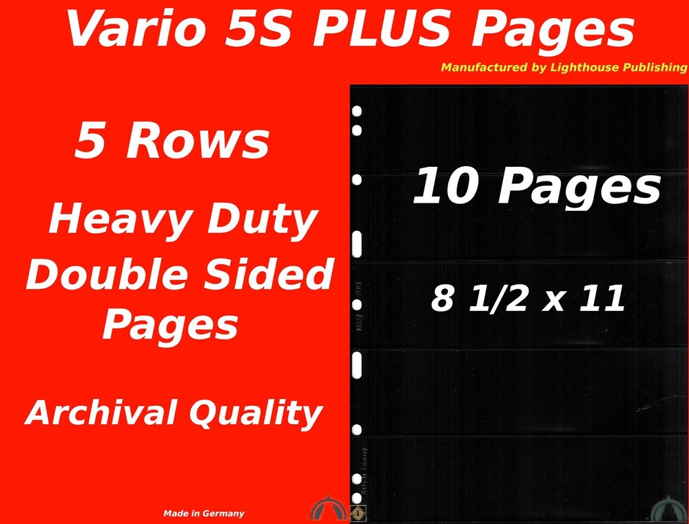 10 VARIO 5S PLUS Pocket Double Sided Pages for Stamp and Other Collecting, Black