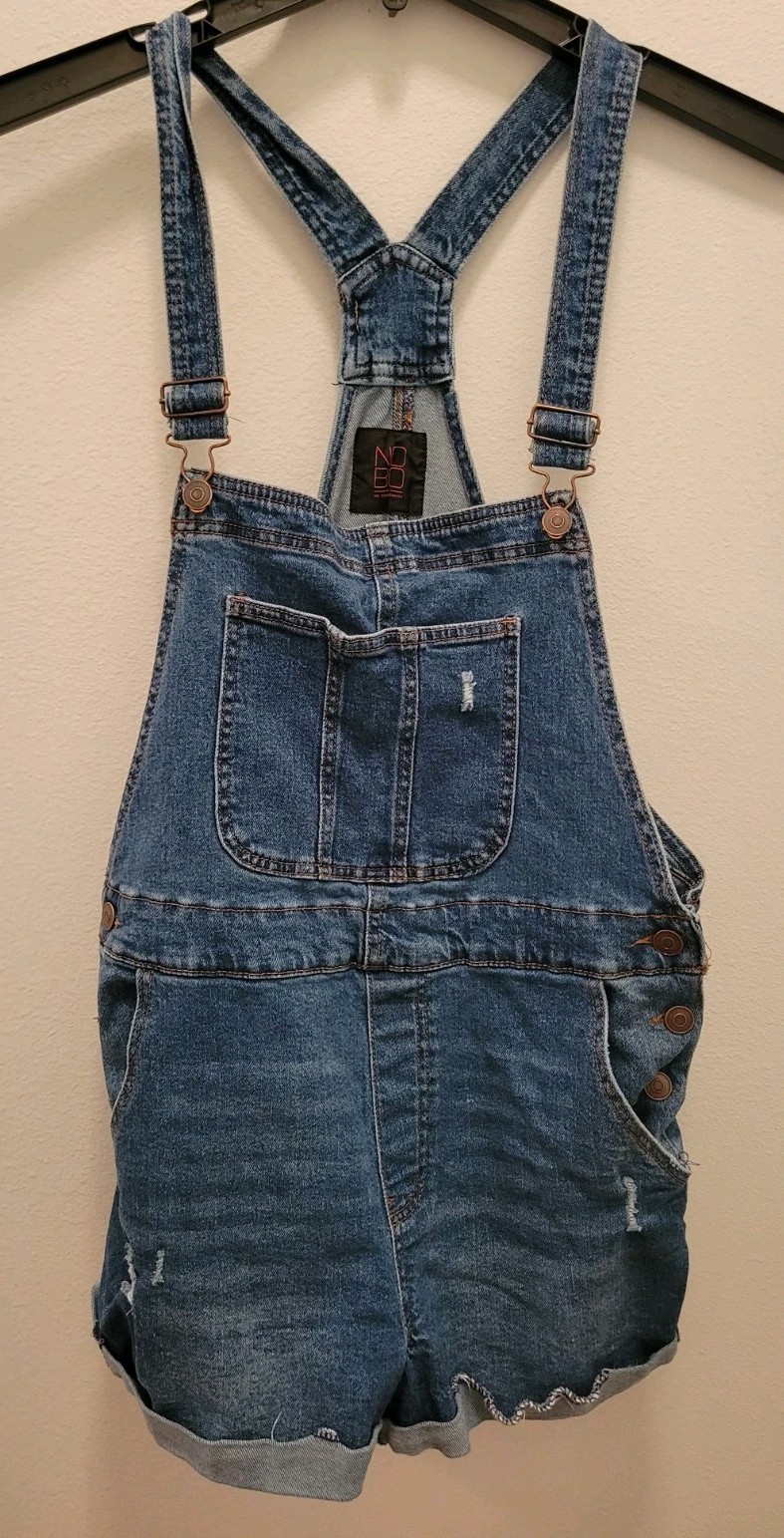 No Boundaries Juniors Sz 15/17 Bib Overall Shorts Blue Denim Pockets Raw Hem