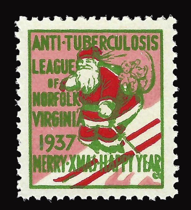1937 Santa on Ski's Christmas Stamp - New Year Greeting - Norfolk Virgina