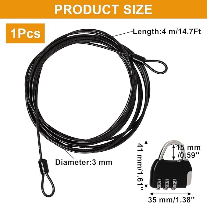 14.7FT Security Steel Cable with 3 Digit Combination Lock