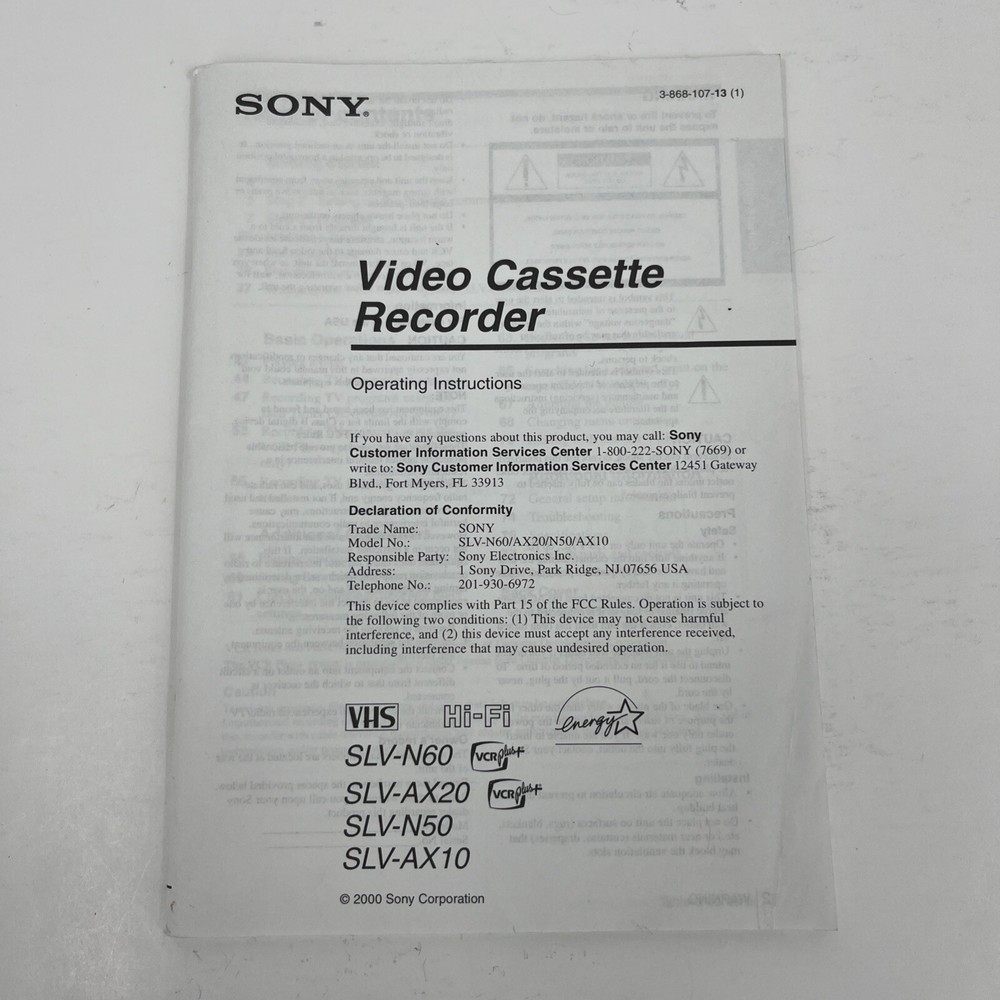 Sony Video Cassette Recorder Operating Instructions Booklet 2000