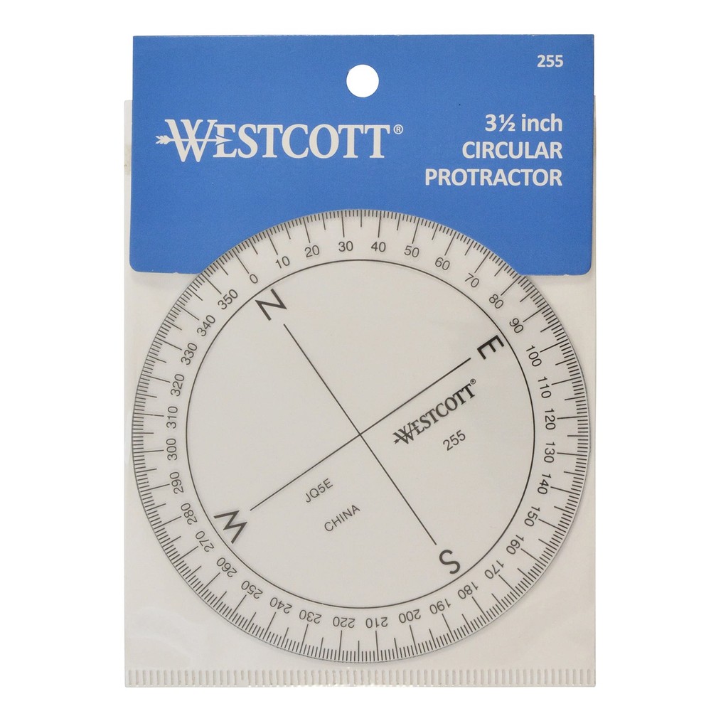 Westcott 360-Degree Compass Protractor, Crystal Clear Transparent Dial,