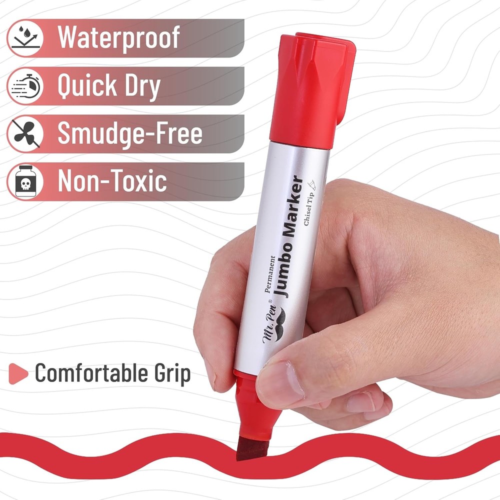 Mr. Pen- Jumbo Permanent Markers,4 Pack, Red, Chisel Tip,Large Permanent Markers