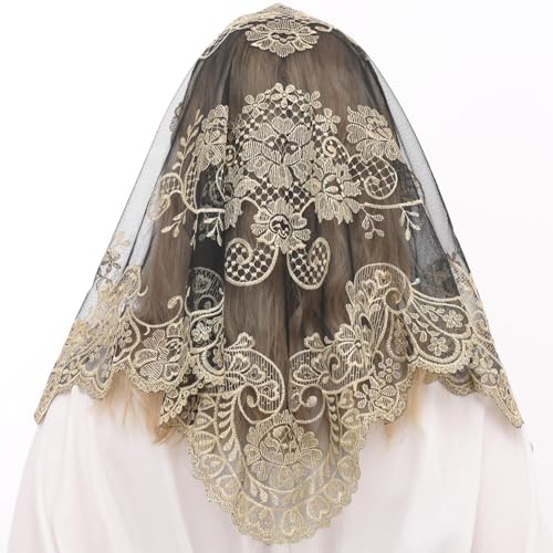 Triangular Mantilla Lace Head Covering Mass Catholic Church Veils Gold&black