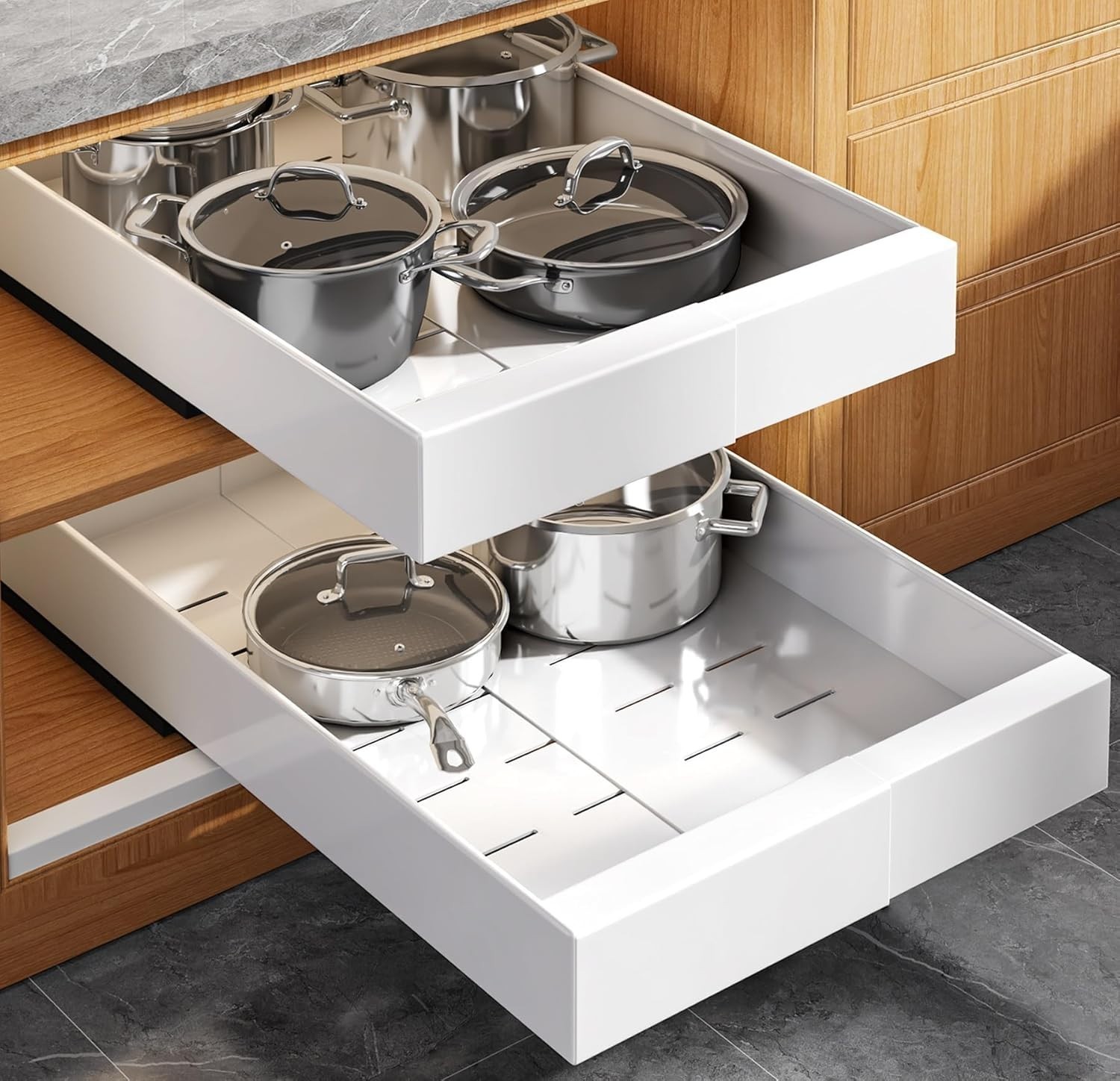 2pk Pull Out Cabinet Organizer, Expandable (9"-14") HD Slide Out Drawers