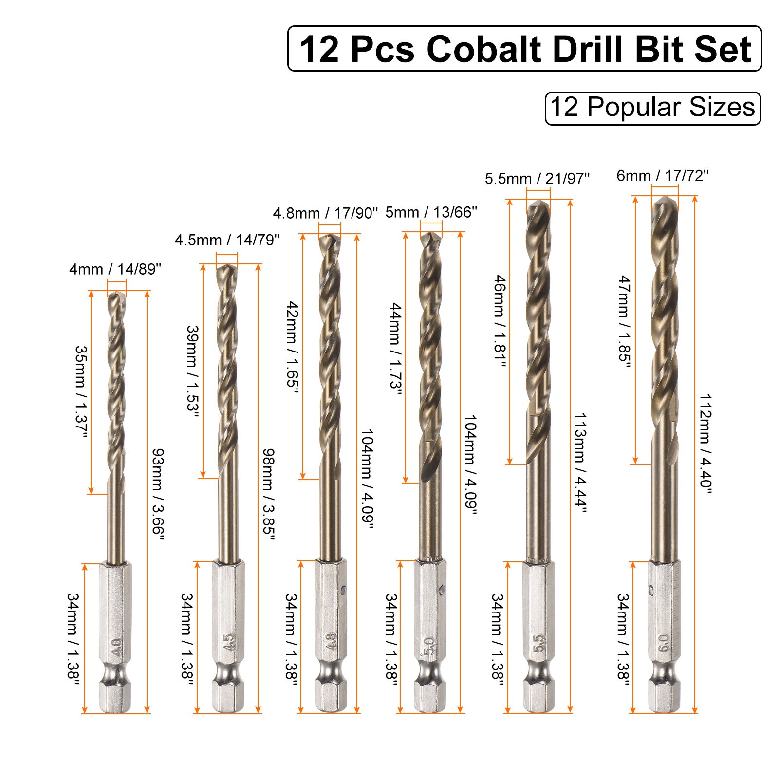 12pack Cobalt Drill Bit Set 12 Sizes M35 Twist Drills for Metal Hex Shank Bits
