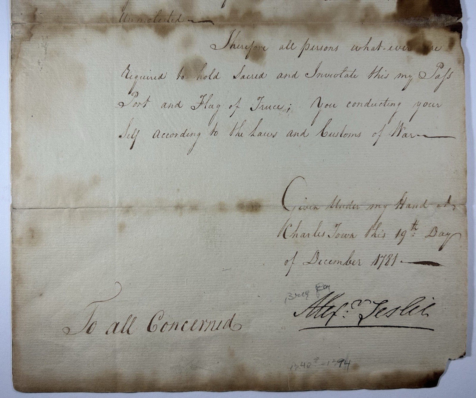 1781 "Flag of Truce" Letter to Begin Surrender Negotiations w/ Nathanael Greene