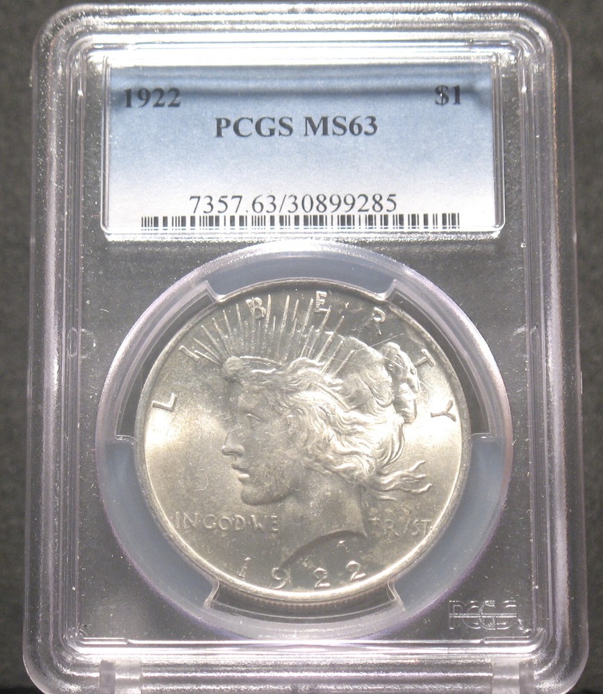1922 U.S. Silver Peace Dollar $1 PCGS MS63 90% Silver