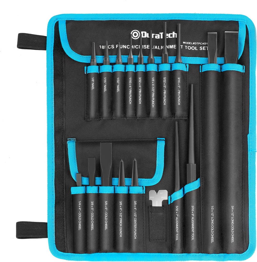 18 Piece Punch Chisel Alignment Tool Set with Rolling Pouch Pin Center Nail Punc