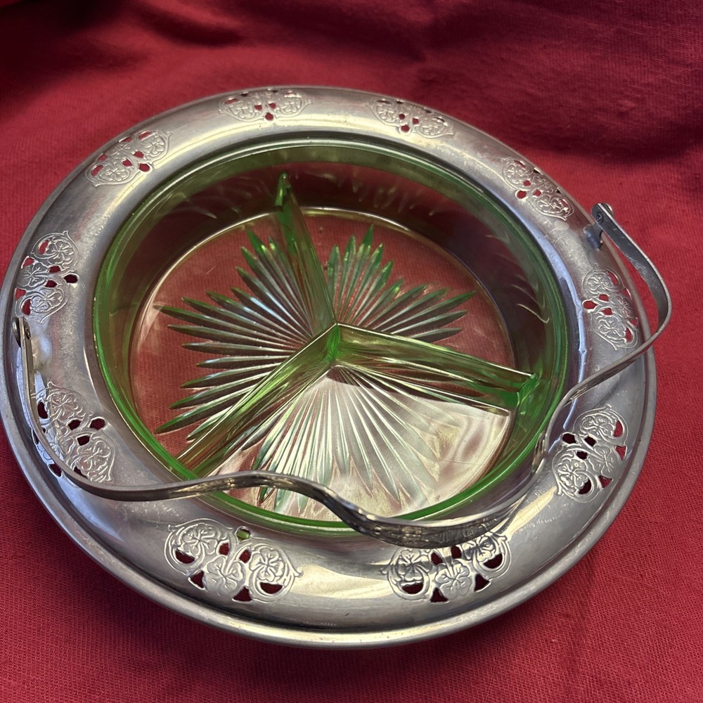 Vintage Green Farberware Glass Sectional With Silver Plated Handle