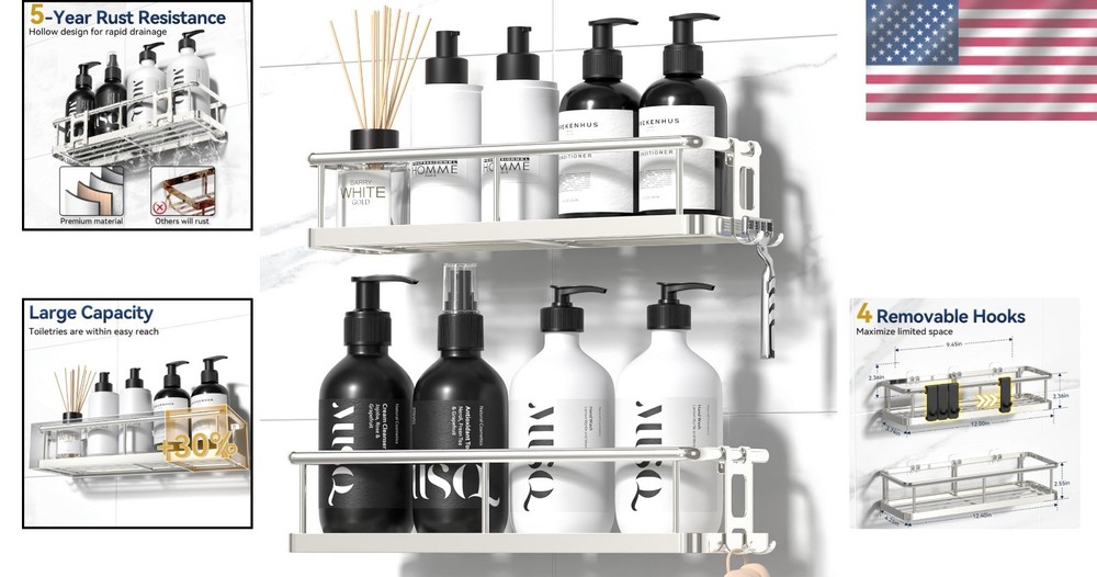 Elegant 2 Pack Shower Caddy Adhesive: No Drill Rust Proof Wall-Mounted Shelves