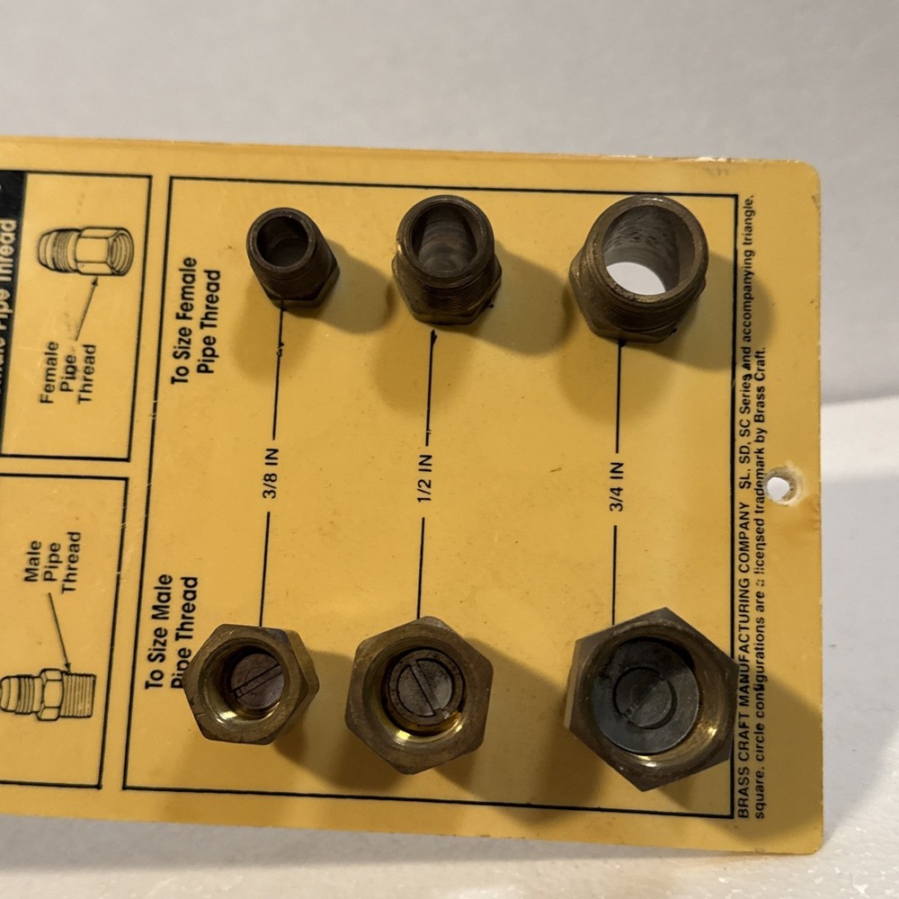 Brass Craft Gas Connector Sizing Guide Tool Board display Size Thread samples