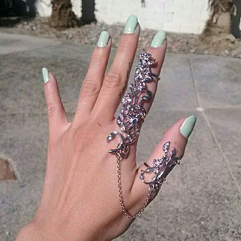 RHINESTONE ROSE LEAF FEATHER CHAIN CONNECT TWO 2 FULL FINGER KNUCKLE ARMOR RING