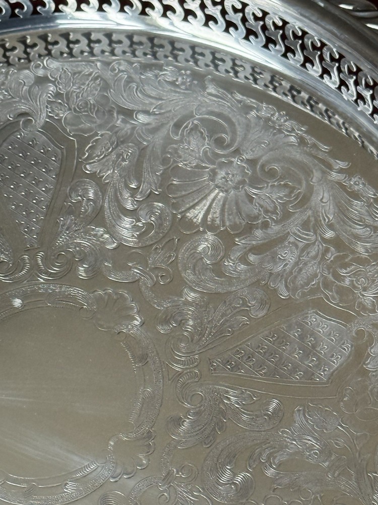 VTG Silver-plate 13” Tray Oneida USA with Scroll Etching Raised Rim Pierced.