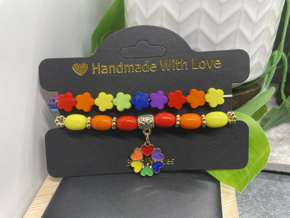 2 PC Handmade Rainbow Beaded Stackable 7” Plus Stretch Bracelet Set New B4858