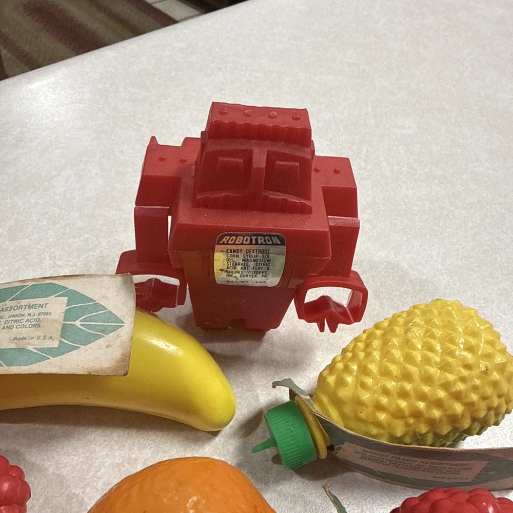 Vintage Candy Containers Fruit Shaped Robot-Candy Containers W/ Leaf Labels New